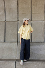 闊身駁線直腳褲/深藍