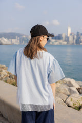 點點網紗袖撞布T-shirt/淺藍