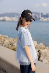 點點網紗袖撞布T-shirt/淺藍