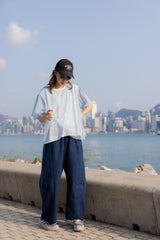 點點網紗袖撞布T-shirt/淺藍