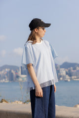 點點網紗袖撞布T-shirt/淺藍