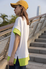 手袖衫腳撞色邊T-shirt/白+螢光黃