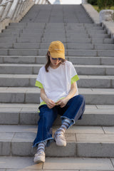 手袖衫腳撞色邊T-shirt/白+螢光黃