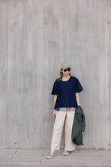 闊身駁線直腳褲/杏