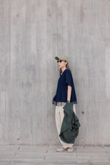 點點網紗袖撞布T-shirt/深藍