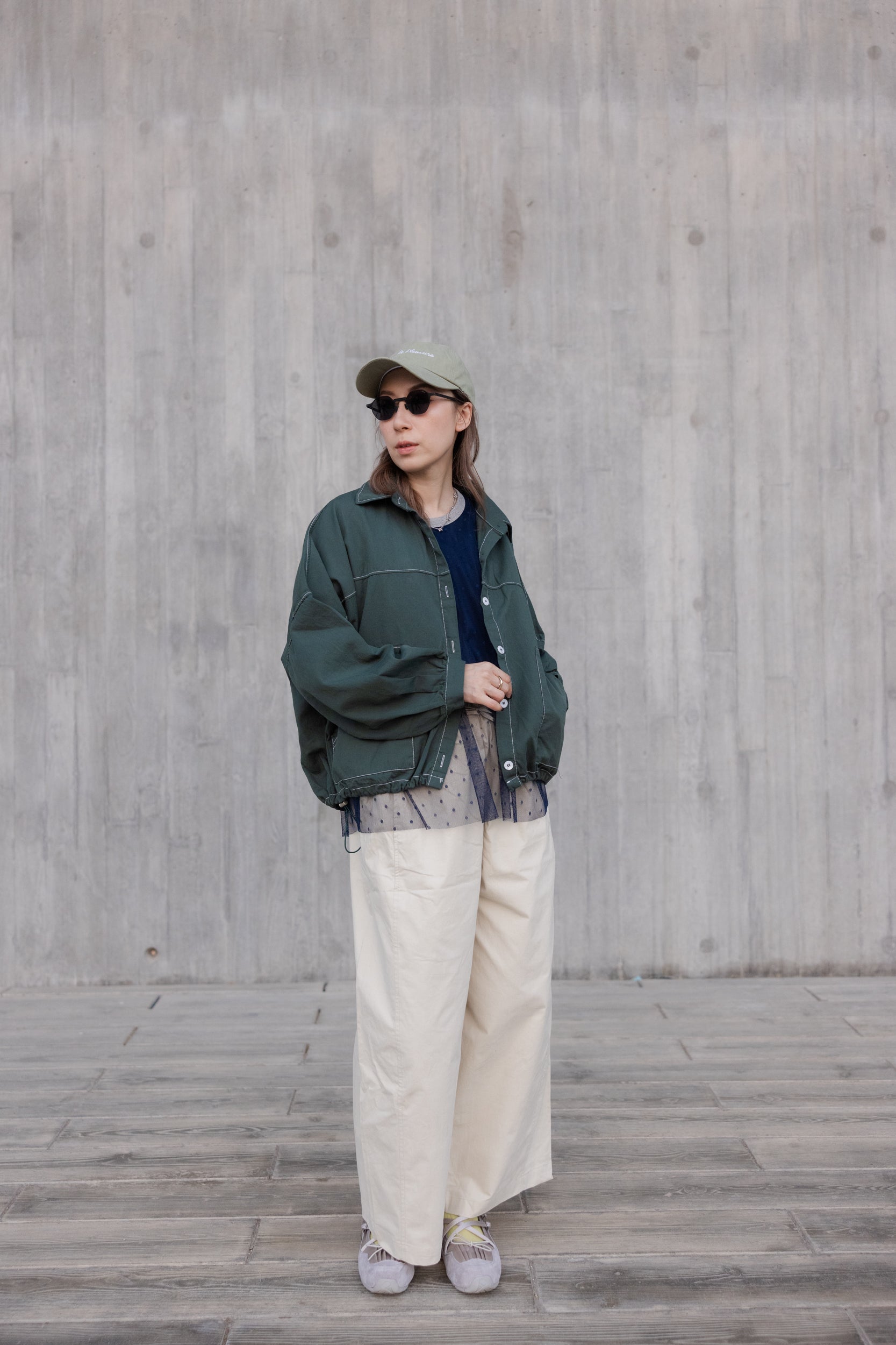 闊身駁線直腳褲/杏