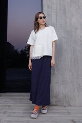 暗花直身長裙/深藍