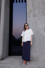 暗花直身長裙/深藍