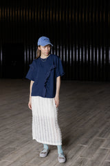 波點縮褶邊T-shirt/深藍