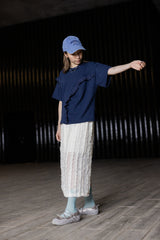 波點縮褶邊T-shirt/深藍