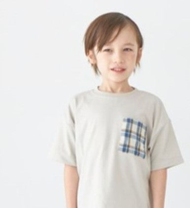 Kids Pocket T-shirt/ 米白+藍啡格-110