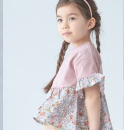 Kids 衫腳floral ruffle T-shirt/ pink-110