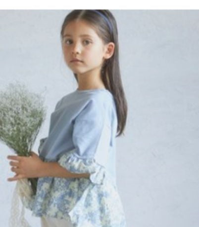 Kids 衫腳floral ruffle T-shirt/ Light Blue-90