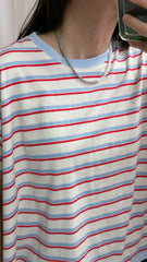 雙色間條T-shirt/粉藍+紅