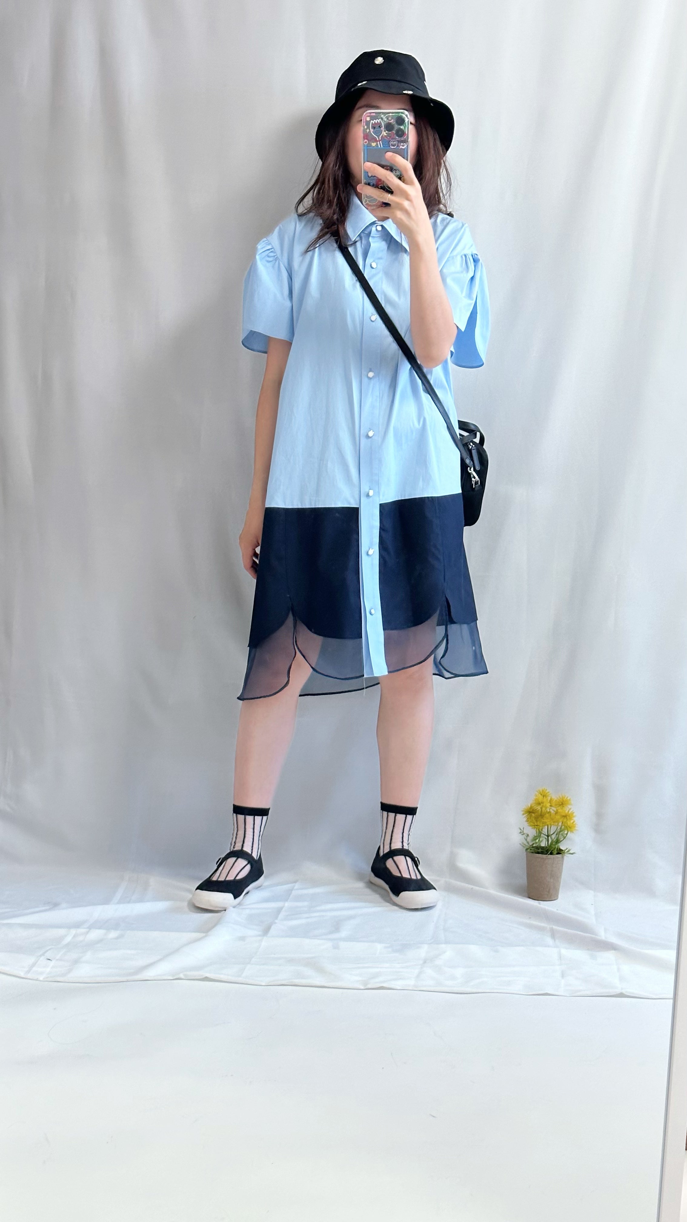 (預購)併色圓腳恤衫裙/淺藍