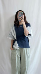 (預購)併色條子網紗T-shirt/深藍