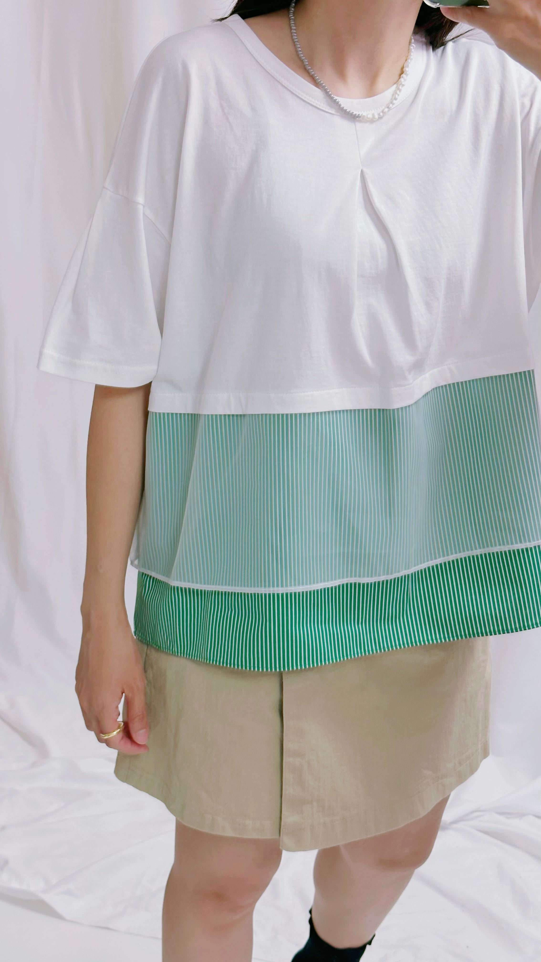 條子網布併色T-shirt/白+綠