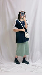 點點網布袖挑空T-shirt/深藍